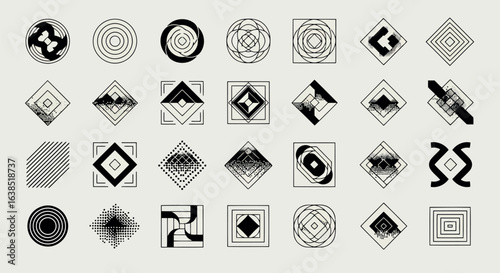 Vector art of a compilation of abstract geometric shapes and textured elements, including circles, diamonds, and lines, arranged in a collection on a light background