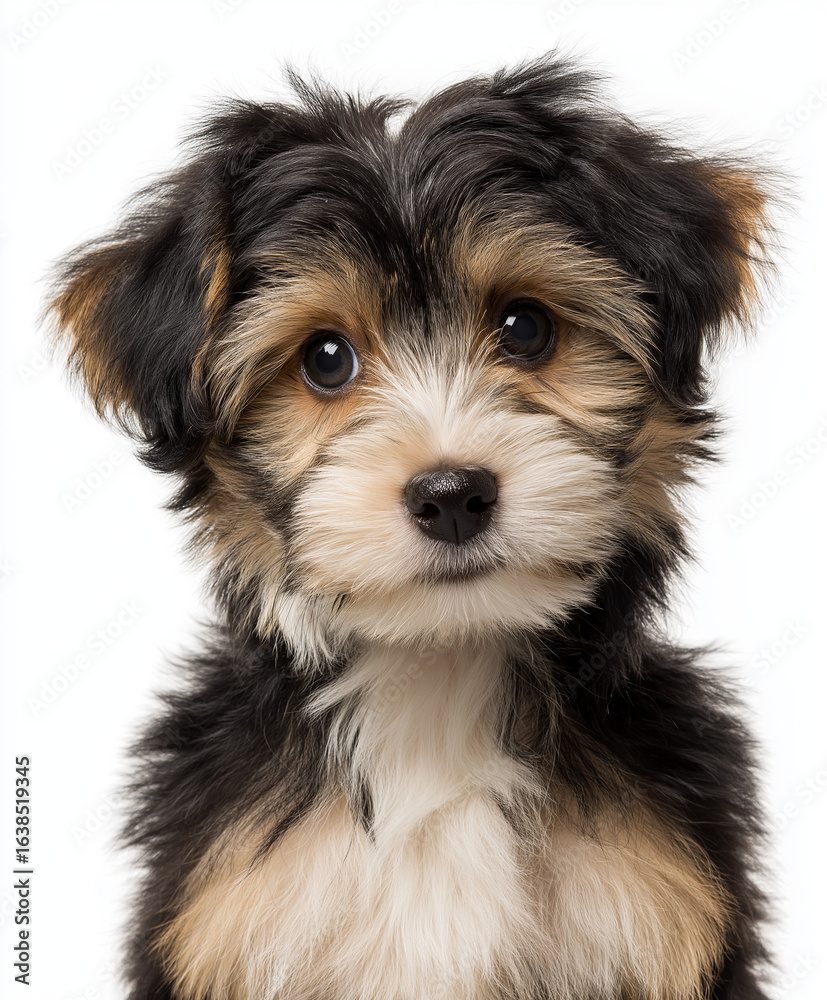 Realistic photo of a Cute Löwchen puppy, looking straight into the camera, upper body only, isolated on a white background. Realistic photo of a Cute Löwchen puppy, looking straight into the camera, upper body only, isolated on a white background.