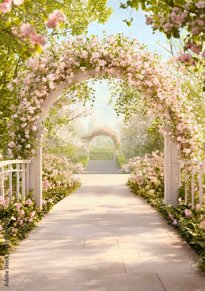 Fototapeta premium A path leading through floral arches in a dreamy garden