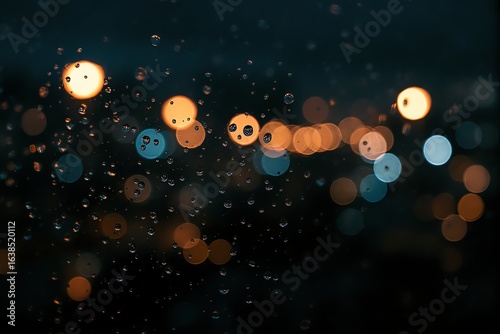 Rain Drops and City Lights Dark Window Abstract Bokeh Evening