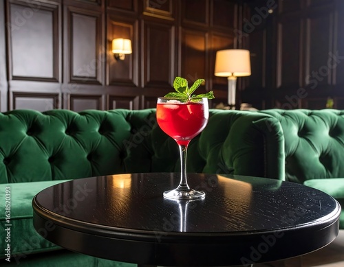 Red cocktail on dark table, lush green sofas