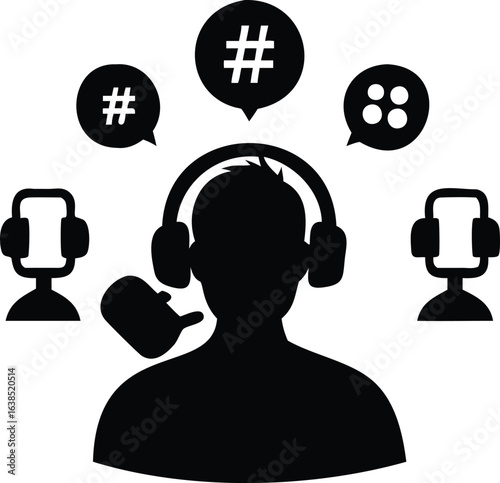 Vector art of podcast icon of a person with headphones and microphone, surrounded by speech bubbles and hashtags isolated on white background black and white illustration