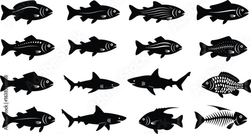 Fish vector icon set, silhouette of sea creatures for design and print, isolated on white background with various species and styles, black and white flat illustration.