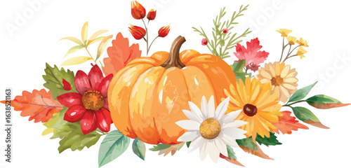 Seasonal orange pumpkins, gourds, and autumn leaves create a vibrant harvest still life