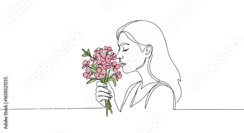 Minimalist continuous line drawing of woman smelling spring flowers