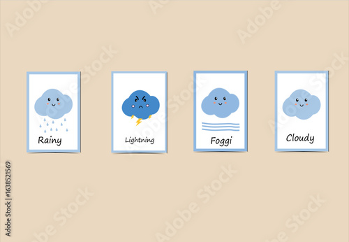 Cute Weather Icons Set – Kawaii Clouds with Rain, Lightning, Fog and Cloudy Sky