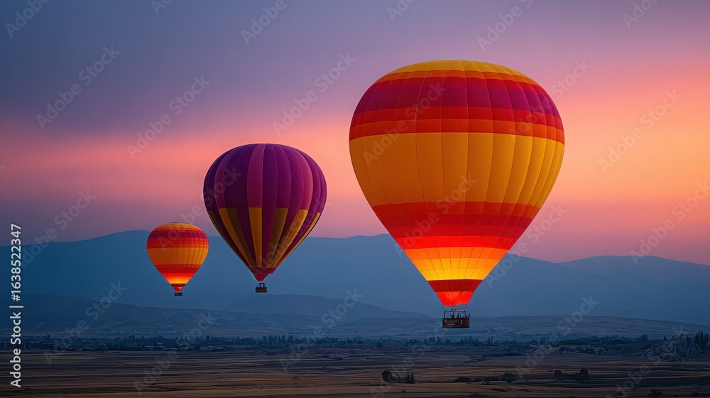 Fototapeta premium Three hot air balloons are flying in the sky, one of which is yellow