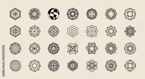 Vector art of a diverse collection of intricate geometric shapes, abstract patterns, and crystalline structures, presented as a design element set