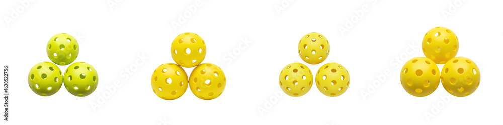 Obraz premium Pickleball balls in green and yellow colors arranged in groups of three with different sizes showing sport equipment variety