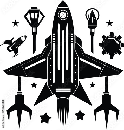 Vector art of a black and white illustration of a rocket ship surrounded by stars, gears, and other spacethemed objects isolated on white background, evoking a sense of adventure