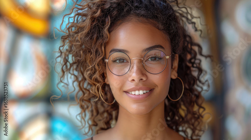 A beautiful girl with curly hair and gold earrings, in front of colorful background, smiling at the camera