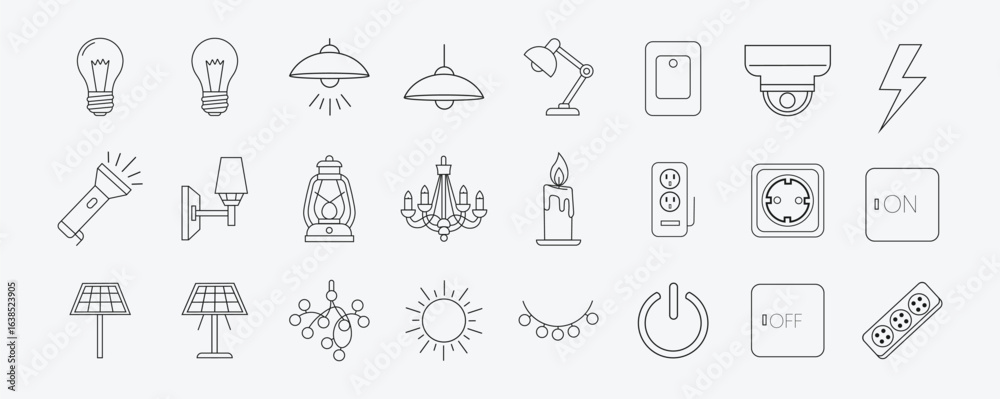 Fototapeta premium Lighting and Electricity Line Art Icon Set with Various Lamps, Bulbs, and Switches for Home Decor