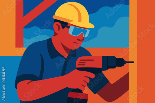 Monochrome illustration of a construction worker wearing protective gear and precisely cutting with a utility knife