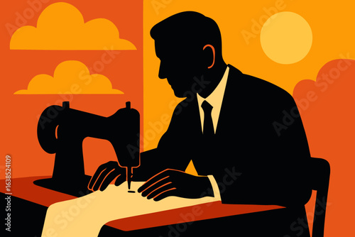 A skilled tailor carefully works a classic sewing machine, his attention completely absorbed in his work