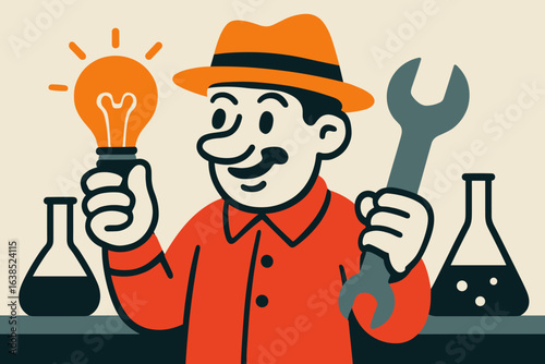 An image depicting a figure clutching equipment and a container, possibly representing a researcher or artisan