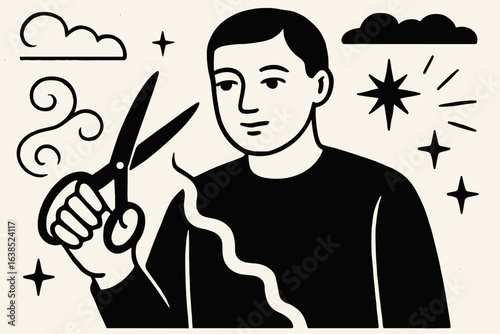 Artistic representation of a man utilizing an anvil and hammer, depicted through hand-drawn illustrations and cartoon clips