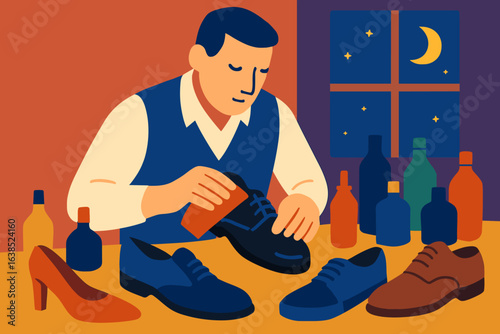 A skilled artisan meticulously crafts a shoe, and the illustrated scene captures the essence of craftsmanship