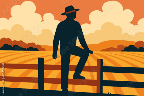 Rustic design features a countryside scene with a farmhand repairing a wooden gate