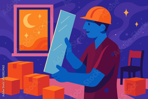 A professional glazier wearing a working overall and protective helmet holds cut glass to install in a window of a newly built building, depicted as a cute cartoon character