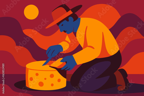 A man is kneeling while creating an illustration of cheese set against a white backdrop