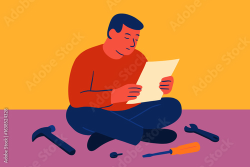Man assembling and fixing a wooden item while sitting on the floor studies the instruction in a vector illustration of furniture assembly