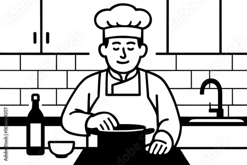 A simple yet elegant black and white illustration showcases the iconic silhouette of a chef, representing the art of cooking and culinary skills