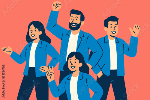 Cartoon vector illustration of happy people with positive body language signs, including excited man and woman displaying solidarity and success through various gestures like thumbs up, ok, peace