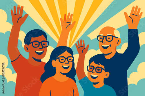 Flat vector illustration of a diverse group of young men and women, a business team or activists, holding a blank banner at a demonstration, parade, rally or protest, symbolizing a welcome concept
