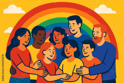Flat vector illustration of homosexual couples at an LGBTQ pride celebration, featuring a rainbow flag, symbolizing the LGBT community, love, freedom, diversity, and the sexual revolution concept
