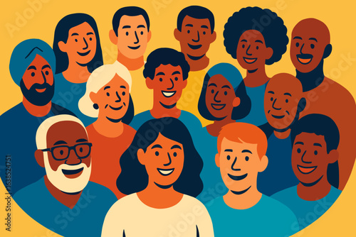 A set of cartoon portraits showcases diverse individuals with distinctive hairstyles, skin tones, and facial expressions, illustrated in a simple yet vibrant manner