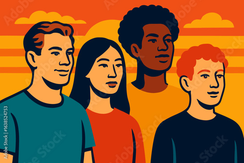 Vector graphic illustration of diverse people from various ethnicities and cultures coming together, depicted in a flat design style with multi-ethnic characters