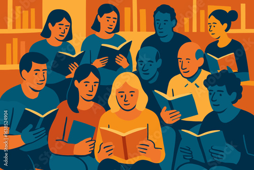 Cartoon vector illustration of young modern people reading books together