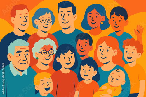 Illustration of diverse families from various nationalities and ethnicities, including Arabian, Chinese, Asian, European, and Indian, depicting parents with children in a cartoonish flat and tidy