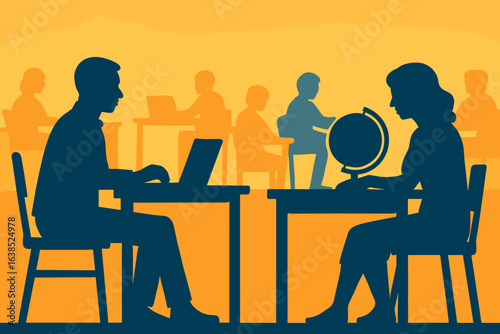 Black and white vector silhouettes depict women in diverse business and educational environments, such as presentations, meetings, teaching, and discussions