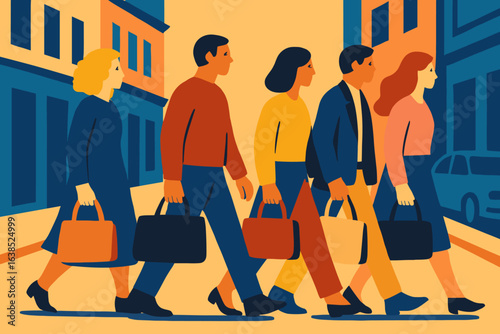 Silhouetted figures of diverse individuals, clutching shopping bags and paperwork, briskly move across a bright orange backdrop, embodying the energy of commerce