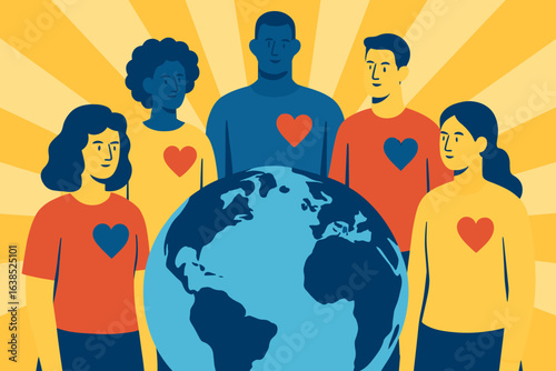 Global unity and harmony are represented through a flat graphic vector illustration of interconnected relationships and friendships on a white background