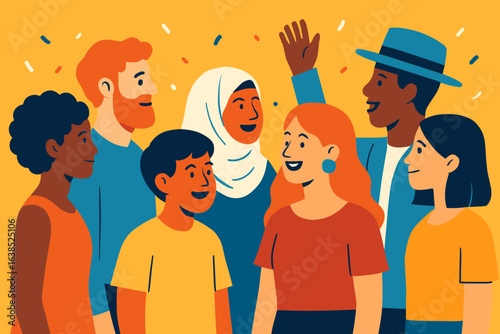 A social banner features diverse individuals standing united