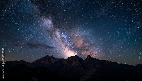 A scenic view of the milky way galaxy above the mountains at night with a beautiful starry sky above