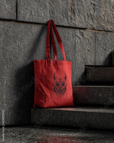 Red tote bag, urban steps, graphic design.  Possible use product display