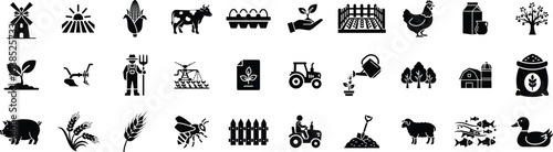 Farming, agriculture icon set. Vector glyph pictograms of tractor, barn, greenhouse, livestock, wheat, crop cultivation, livestock, and sustainable farm black silhouette illustration.