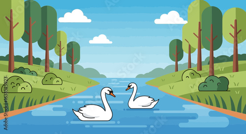 Tranquil scene with swans on a river, surrounded by nature and blue sky