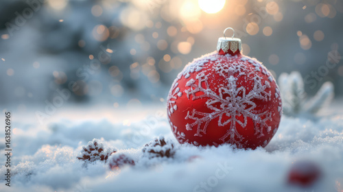 Red holiday ornament with frosty snowflake design rests in the snow with pine cones and glowing background.