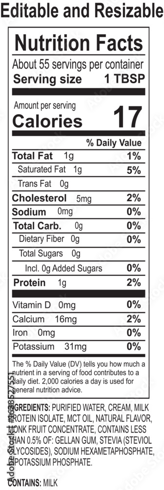 Fototapeta premium Nutrition Facts Serving Size One Tablespoon Amount Per Serving