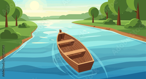 Picturesque cartoon wooden rowboat floating on a serene river scene