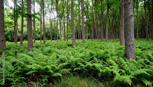 Lush ferns under tall trees