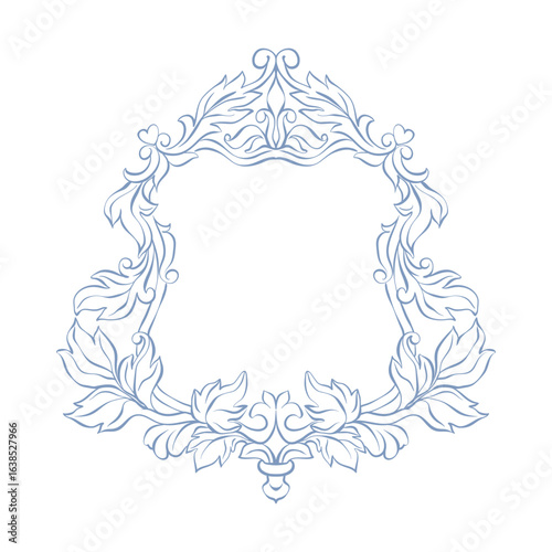 Wedding frame crest. Vintage baroque frame. Wedding crest ornate floral. Elegant monogram engraving border. Hand drawn line art frame for wedding invitation, card, decor. Luxury classic ornate crest.