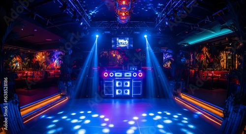 Interior view of a nightclub with dj booth, stage lighting, and decorative tropical elements ai generated