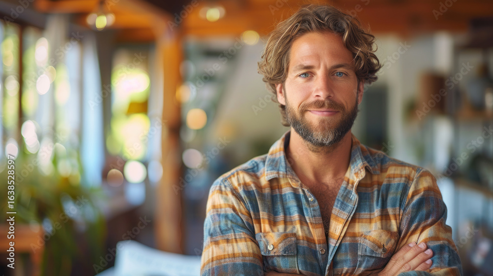 Obraz premium Portrait of a stylish man with a beard and blue eyes in a casual flannel shirt inside a cozy cafe.