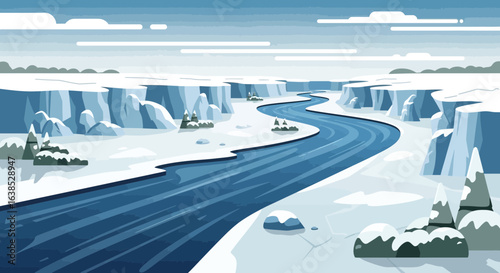 Cartoon icy river winding through a winter landscape with snow covered terrain