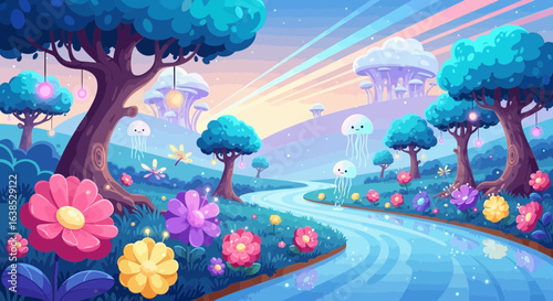 Whimsical river landscape with floating jellyfish and giant flowers cartoon style